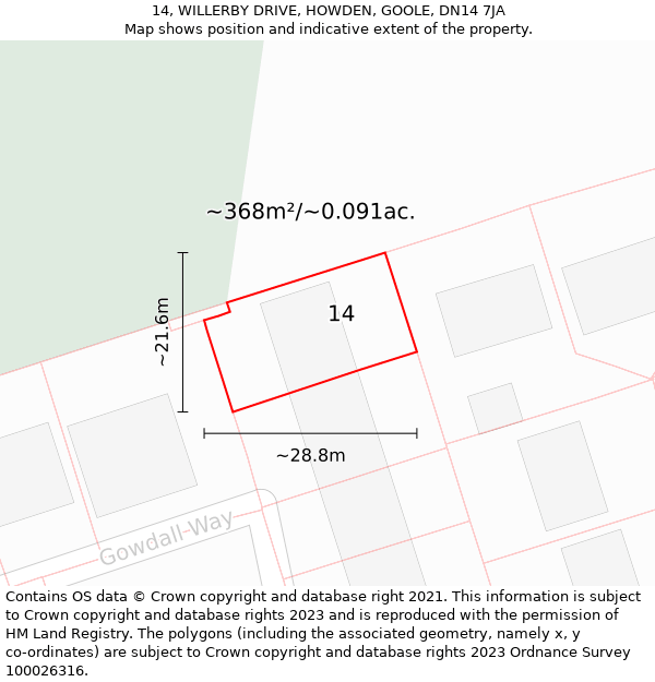 14, WILLERBY DRIVE, HOWDEN, GOOLE, DN14 7JA: Plot and title map