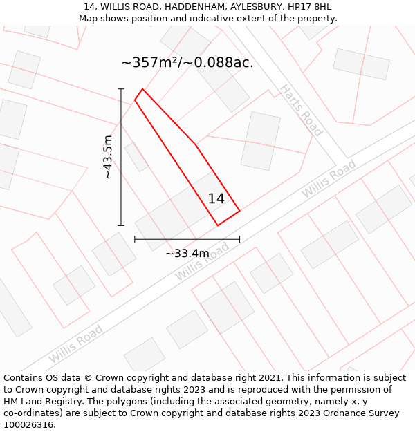 14, WILLIS ROAD, HADDENHAM, AYLESBURY, HP17 8HL: Plot and title map