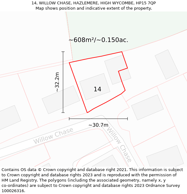 14, WILLOW CHASE, HAZLEMERE, HIGH WYCOMBE, HP15 7QP: Plot and title map