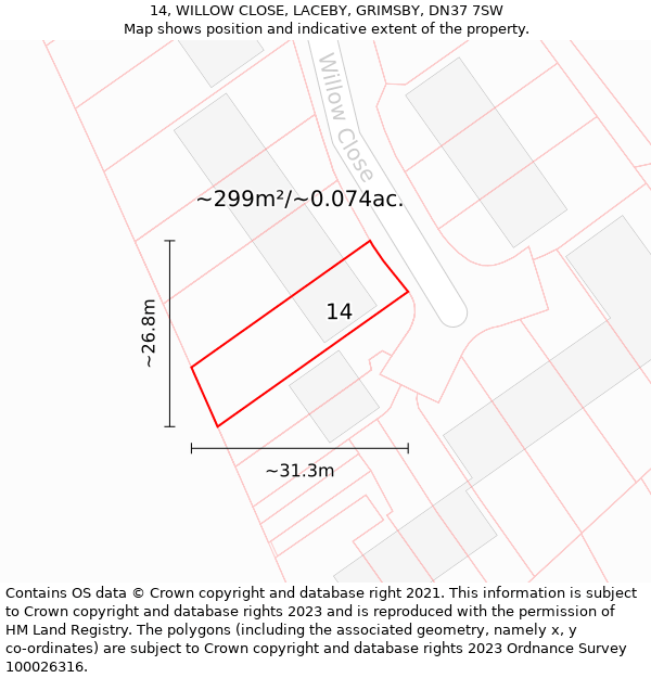 14, WILLOW CLOSE, LACEBY, GRIMSBY, DN37 7SW: Plot and title map