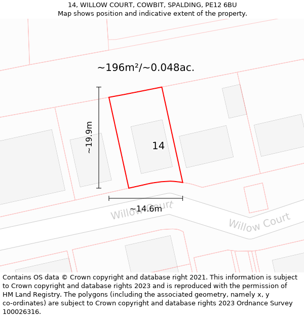 14, WILLOW COURT, COWBIT, SPALDING, PE12 6BU: Plot and title map