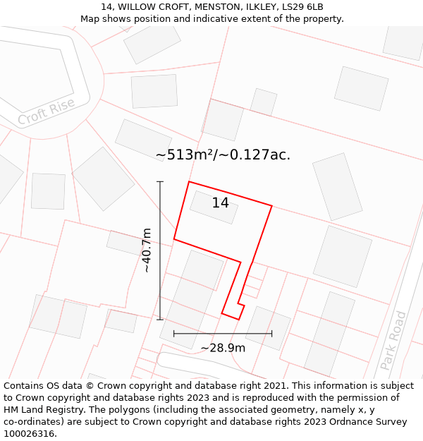 14, WILLOW CROFT, MENSTON, ILKLEY, LS29 6LB: Plot and title map