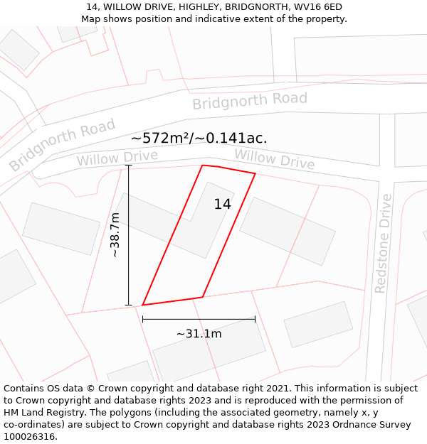 14, WILLOW DRIVE, HIGHLEY, BRIDGNORTH, WV16 6ED: Plot and title map