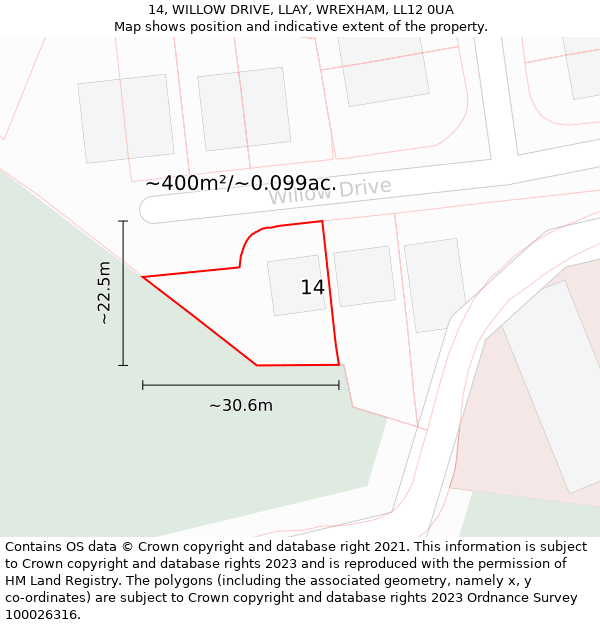 14, WILLOW DRIVE, LLAY, WREXHAM, LL12 0UA: Plot and title map