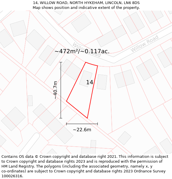 14, WILLOW ROAD, NORTH HYKEHAM, LINCOLN, LN6 8DS: Plot and title map