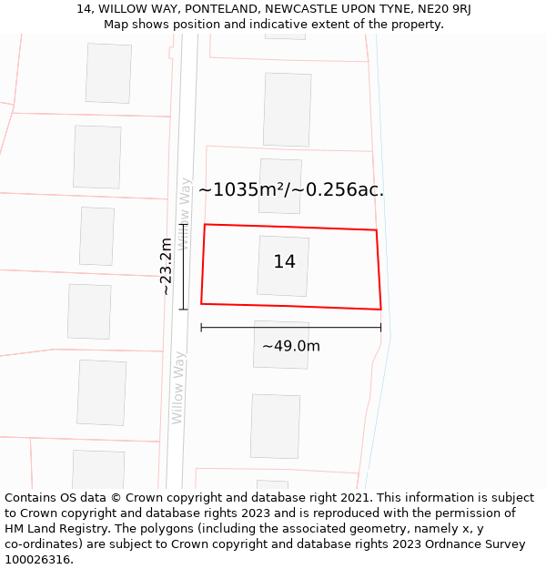 14, WILLOW WAY, PONTELAND, NEWCASTLE UPON TYNE, NE20 9RJ: Plot and title map