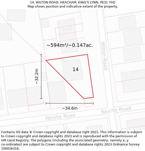 14, WILTON ROAD, HEACHAM, KING'S LYNN, PE31 7AD: Plot and title map