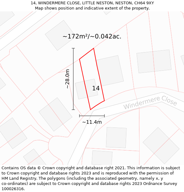 14, WINDERMERE CLOSE, LITTLE NESTON, NESTON, CH64 9XY: Plot and title map