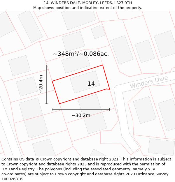 14, WINDERS DALE, MORLEY, LEEDS, LS27 9TH: Plot and title map