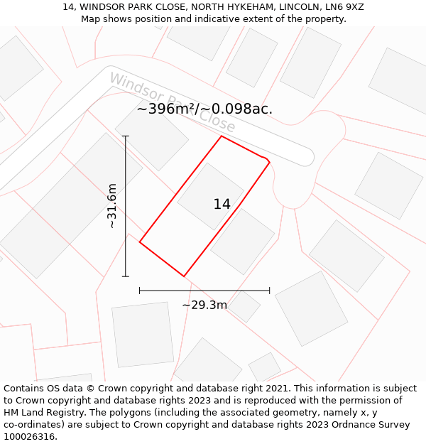 14, WINDSOR PARK CLOSE, NORTH HYKEHAM, LINCOLN, LN6 9XZ: Plot and title map