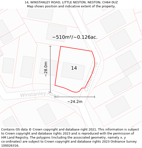 14, WINSTANLEY ROAD, LITTLE NESTON, NESTON, CH64 0UZ: Plot and title map