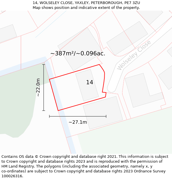 14, WOLSELEY CLOSE, YAXLEY, PETERBOROUGH, PE7 3ZU: Plot and title map