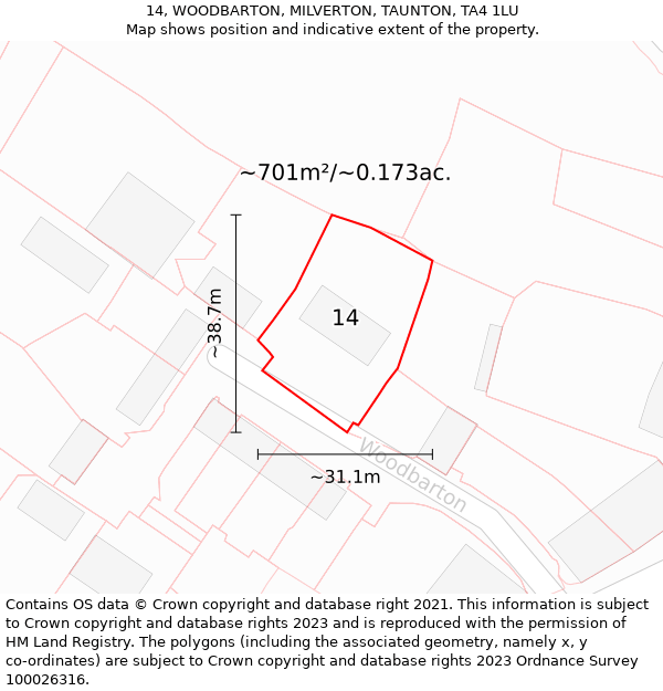 14, WOODBARTON, MILVERTON, TAUNTON, TA4 1LU: Plot and title map