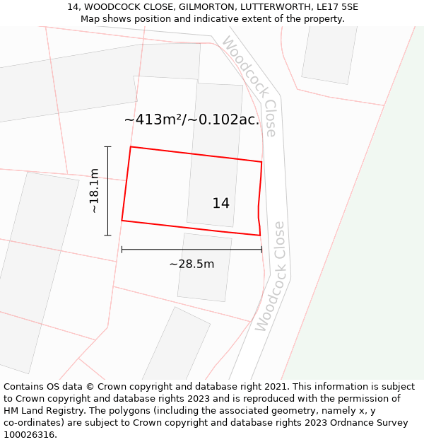 14, WOODCOCK CLOSE, GILMORTON, LUTTERWORTH, LE17 5SE: Plot and title map