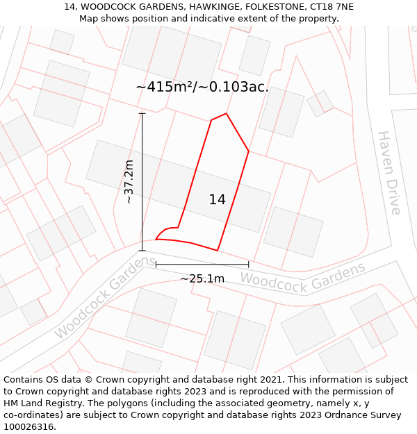 14, WOODCOCK GARDENS, HAWKINGE, FOLKESTONE, CT18 7NE: Plot and title map