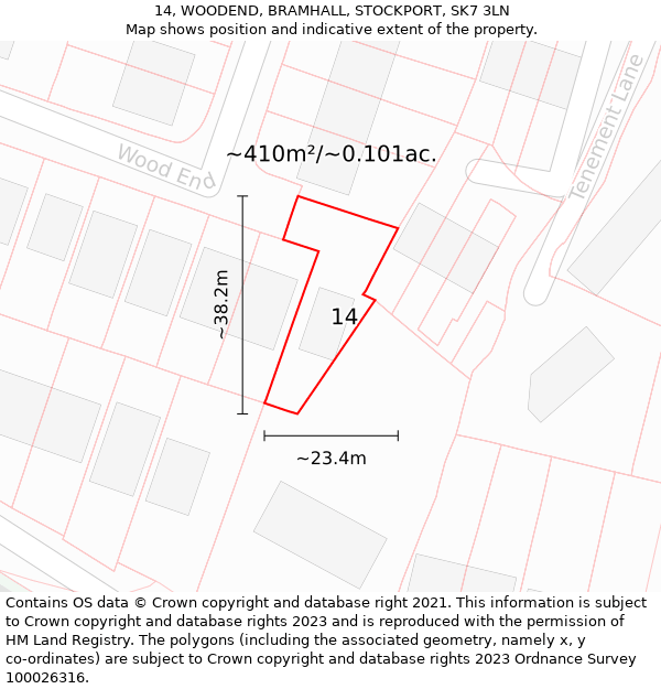 14, WOODEND, BRAMHALL, STOCKPORT, SK7 3LN: Plot and title map