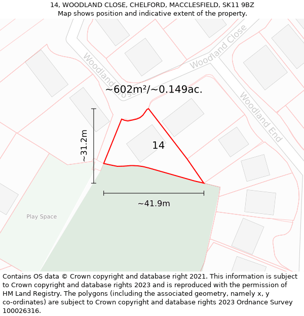 14, WOODLAND CLOSE, CHELFORD, MACCLESFIELD, SK11 9BZ: Plot and title map