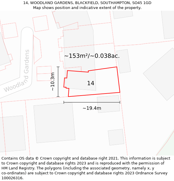 14, WOODLAND GARDENS, BLACKFIELD, SOUTHAMPTON, SO45 1GD: Plot and title map