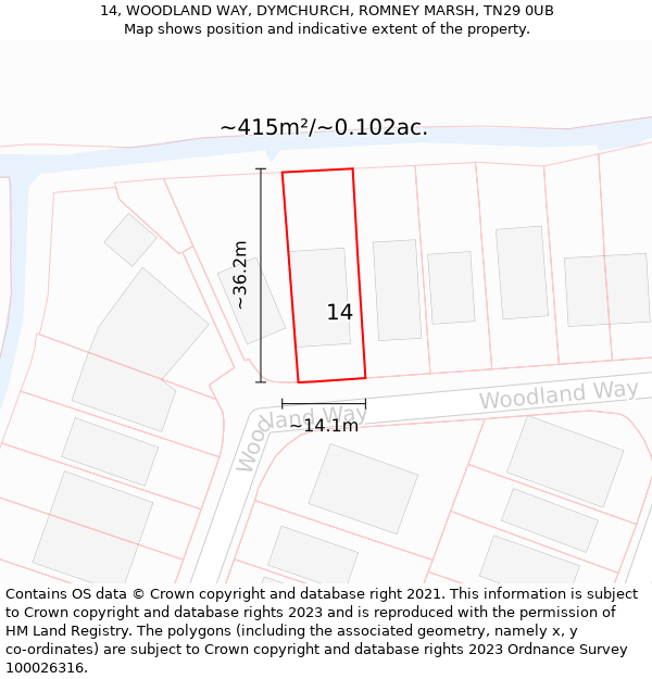14, WOODLAND WAY, DYMCHURCH, ROMNEY MARSH, TN29 0UB: Plot and title map