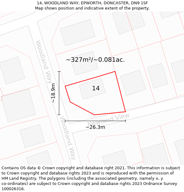 14, WOODLAND WAY, EPWORTH, DONCASTER, DN9 1SF: Plot and title map