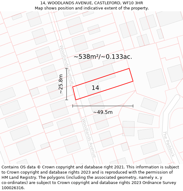 14, WOODLANDS AVENUE, CASTLEFORD, WF10 3HR: Plot and title map