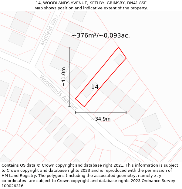 14, WOODLANDS AVENUE, KEELBY, GRIMSBY, DN41 8SE: Plot and title map