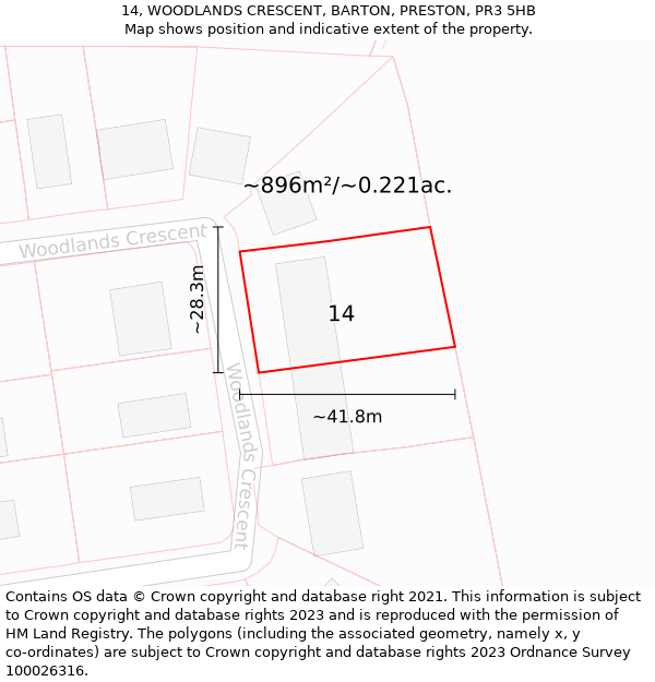 14, WOODLANDS CRESCENT, BARTON, PRESTON, PR3 5HB: Plot and title map