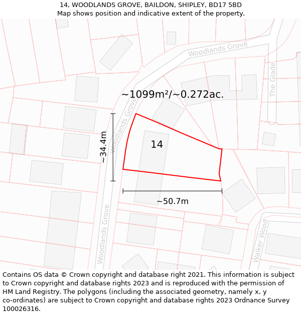 14, WOODLANDS GROVE, BAILDON, SHIPLEY, BD17 5BD: Plot and title map