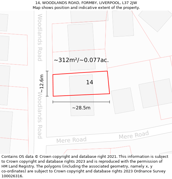 14, WOODLANDS ROAD, FORMBY, LIVERPOOL, L37 2JW: Plot and title map