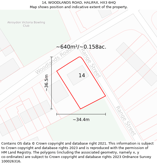 14, WOODLANDS ROAD, HALIFAX, HX3 6HQ: Plot and title map