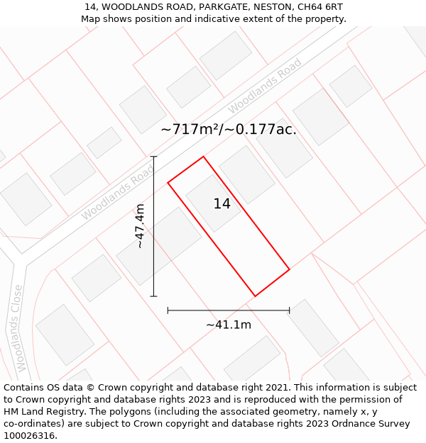 14, WOODLANDS ROAD, PARKGATE, NESTON, CH64 6RT: Plot and title map