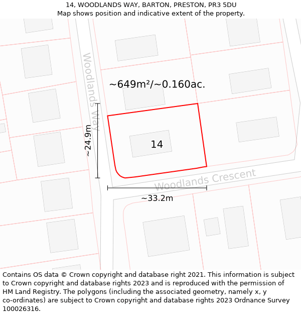 14, WOODLANDS WAY, BARTON, PRESTON, PR3 5DU: Plot and title map