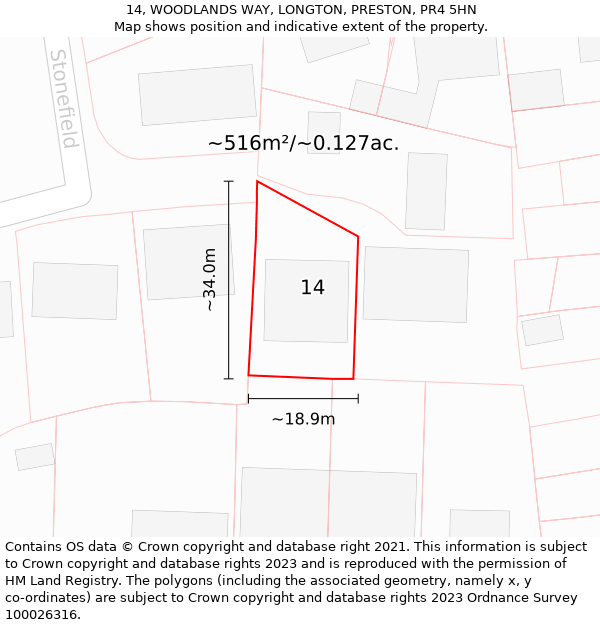 14, WOODLANDS WAY, LONGTON, PRESTON, PR4 5HN: Plot and title map