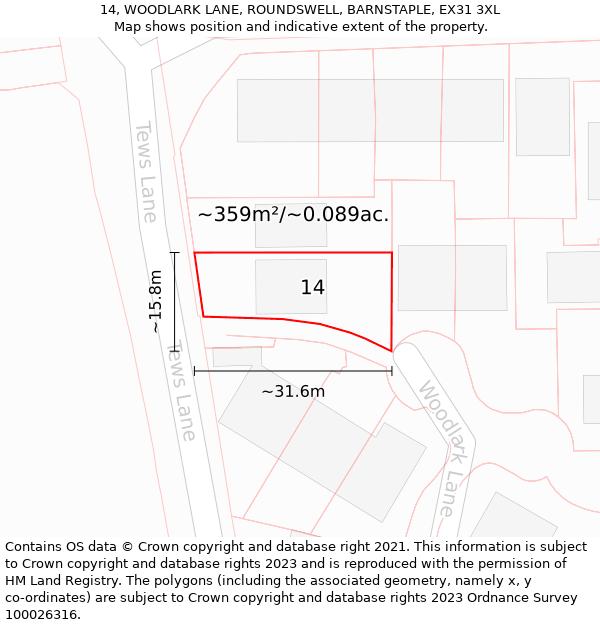 14, WOODLARK LANE, ROUNDSWELL, BARNSTAPLE, EX31 3XL: Plot and title map