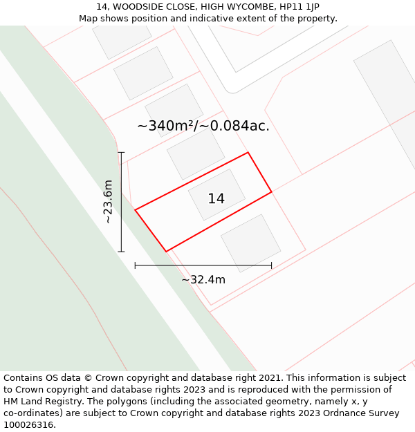 14, WOODSIDE CLOSE, HIGH WYCOMBE, HP11 1JP: Plot and title map