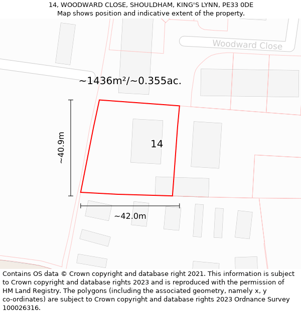 14, WOODWARD CLOSE, SHOULDHAM, KING'S LYNN, PE33 0DE: Plot and title map