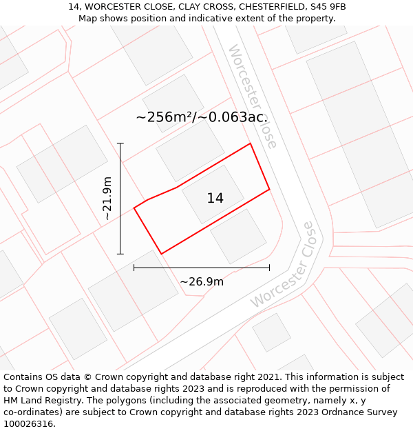 14, WORCESTER CLOSE, CLAY CROSS, CHESTERFIELD, S45 9FB: Plot and title map