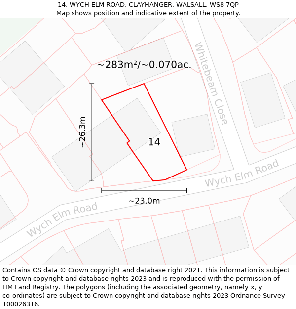 14, WYCH ELM ROAD, CLAYHANGER, WALSALL, WS8 7QP: Plot and title map