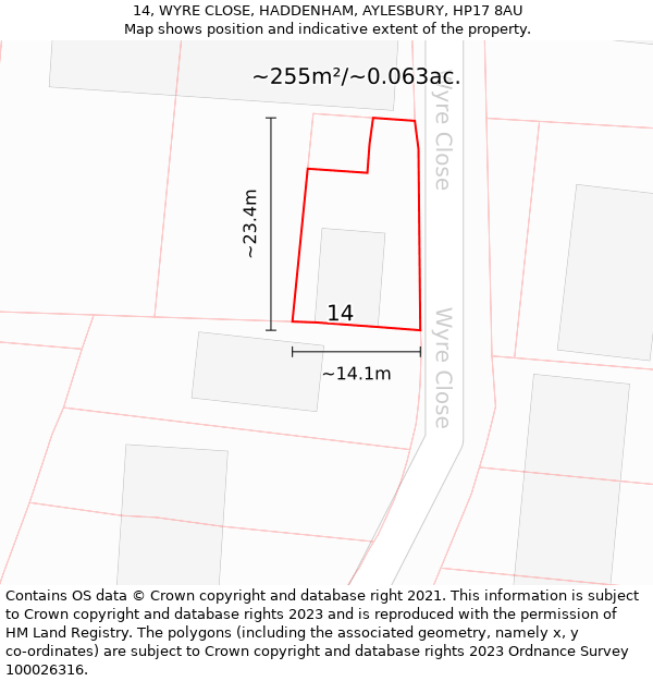 14, WYRE CLOSE, HADDENHAM, AYLESBURY, HP17 8AU: Plot and title map