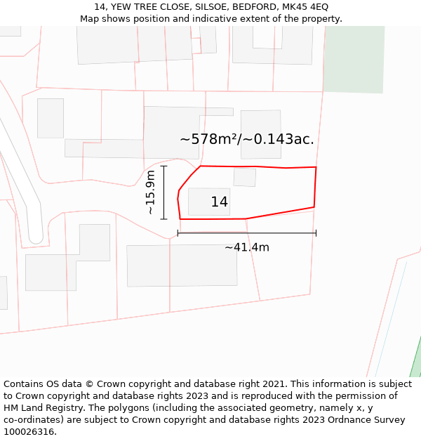 14, YEW TREE CLOSE, SILSOE, BEDFORD, MK45 4EQ: Plot and title map