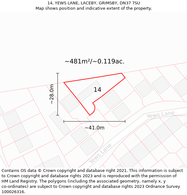 14, YEWS LANE, LACEBY, GRIMSBY, DN37 7SU: Plot and title map