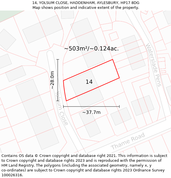 14, YOLSUM CLOSE, HADDENHAM, AYLESBURY, HP17 8DG: Plot and title map