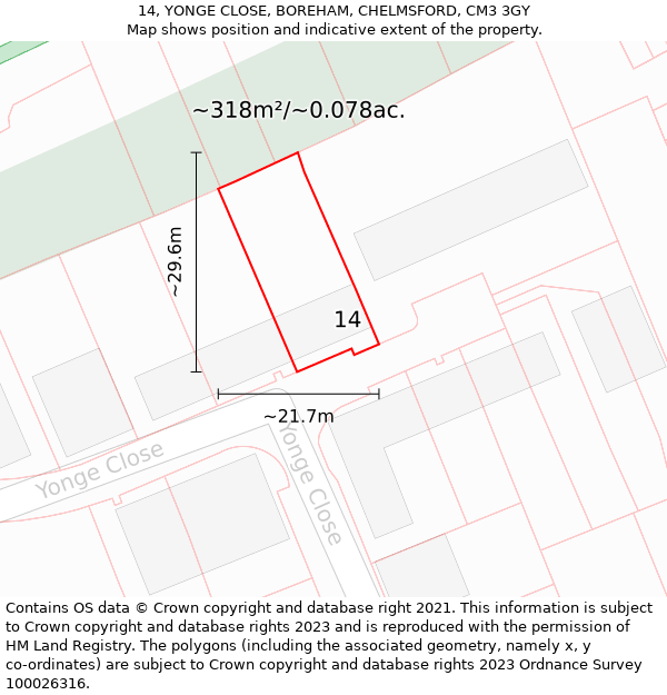 14, YONGE CLOSE, BOREHAM, CHELMSFORD, CM3 3GY: Plot and title map