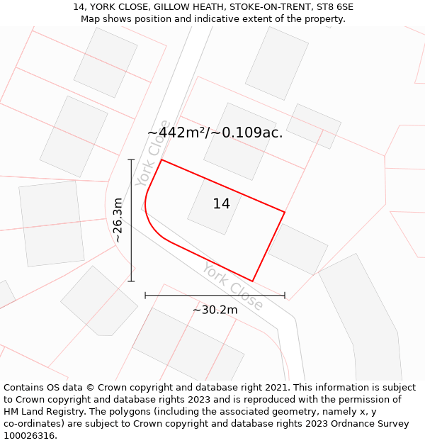 14, YORK CLOSE, GILLOW HEATH, STOKE-ON-TRENT, ST8 6SE: Plot and title map