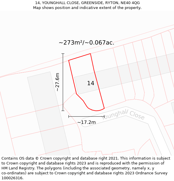 14, YOUNGHALL CLOSE, GREENSIDE, RYTON, NE40 4QG: Plot and title map