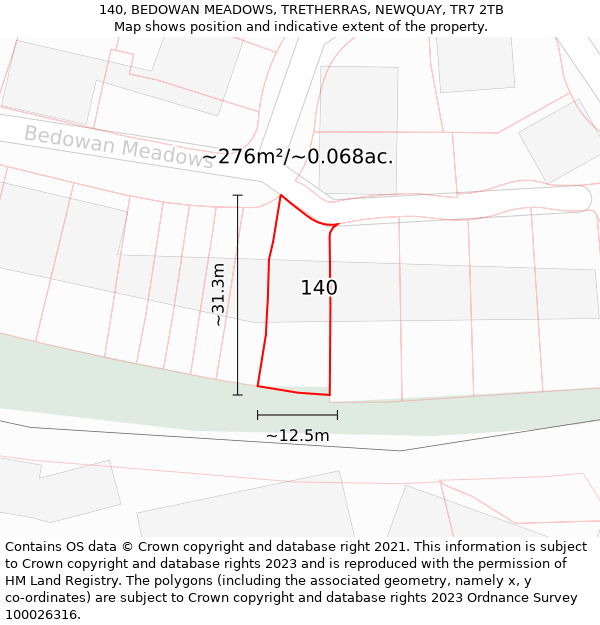 140, BEDOWAN MEADOWS, TRETHERRAS, NEWQUAY, TR7 2TB: Plot and title map