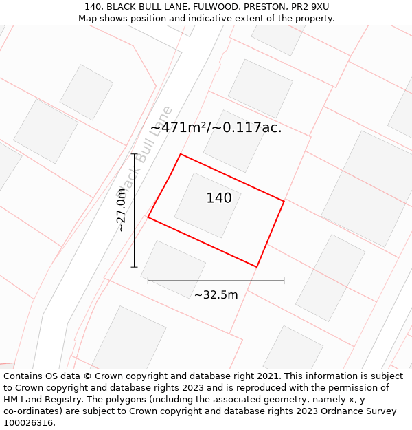 140, BLACK BULL LANE, FULWOOD, PRESTON, PR2 9XU: Plot and title map