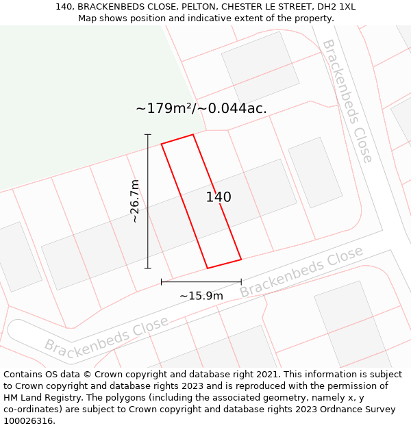 140, BRACKENBEDS CLOSE, PELTON, CHESTER LE STREET, DH2 1XL: Plot and title map