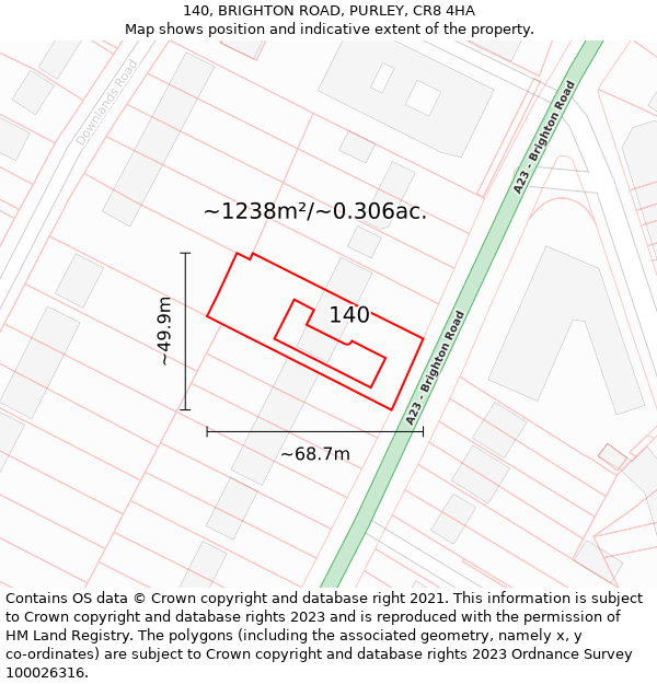 140, BRIGHTON ROAD, PURLEY, CR8 4HA: Plot and title map