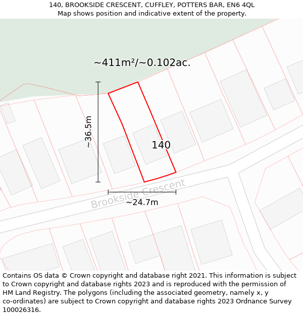 140, BROOKSIDE CRESCENT, CUFFLEY, POTTERS BAR, EN6 4QL: Plot and title map